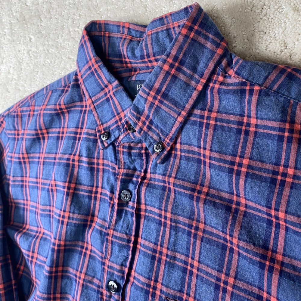 J Crew Heathered Cotton Shirt Mens M Blue Orange Plaid Long Sleeve Button Down